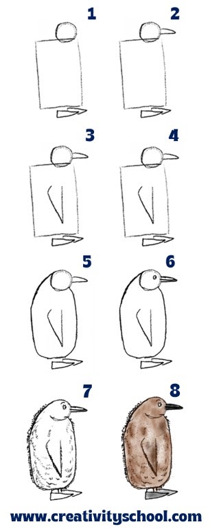 Numbered instructions on how to draw a baby penguin