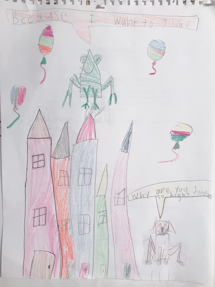 SWDP artwork of a city with a dog, a bird, and a lot of balloons