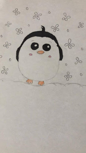 Colored drawing of a cute penguin caricature