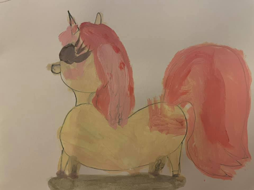 painting of an orange unicorn wearing sunglasses