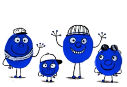Four blue ovals smiling and waving their hands