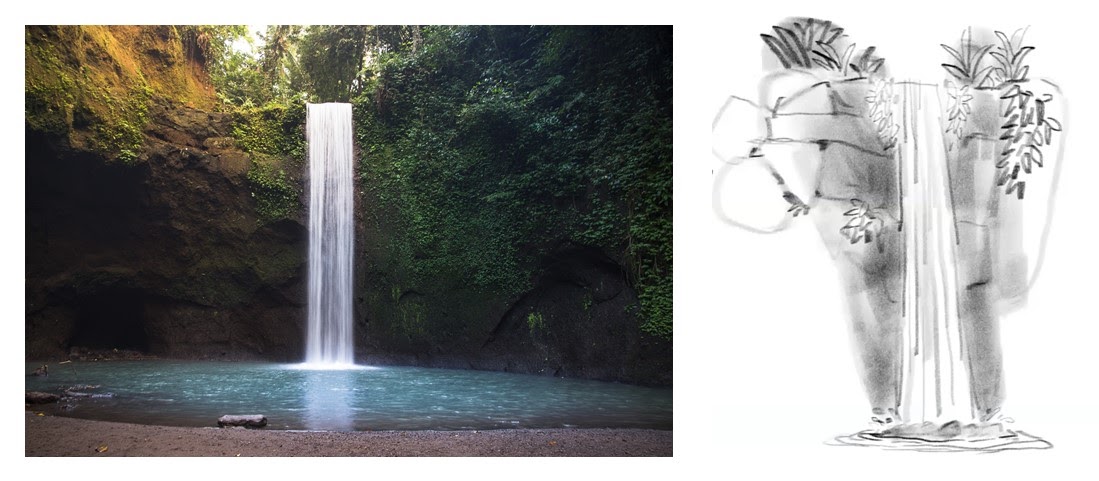 Center shot of the beautiful Tibumana Waterfall in Bali Indonesia on the left and drawing on the right
