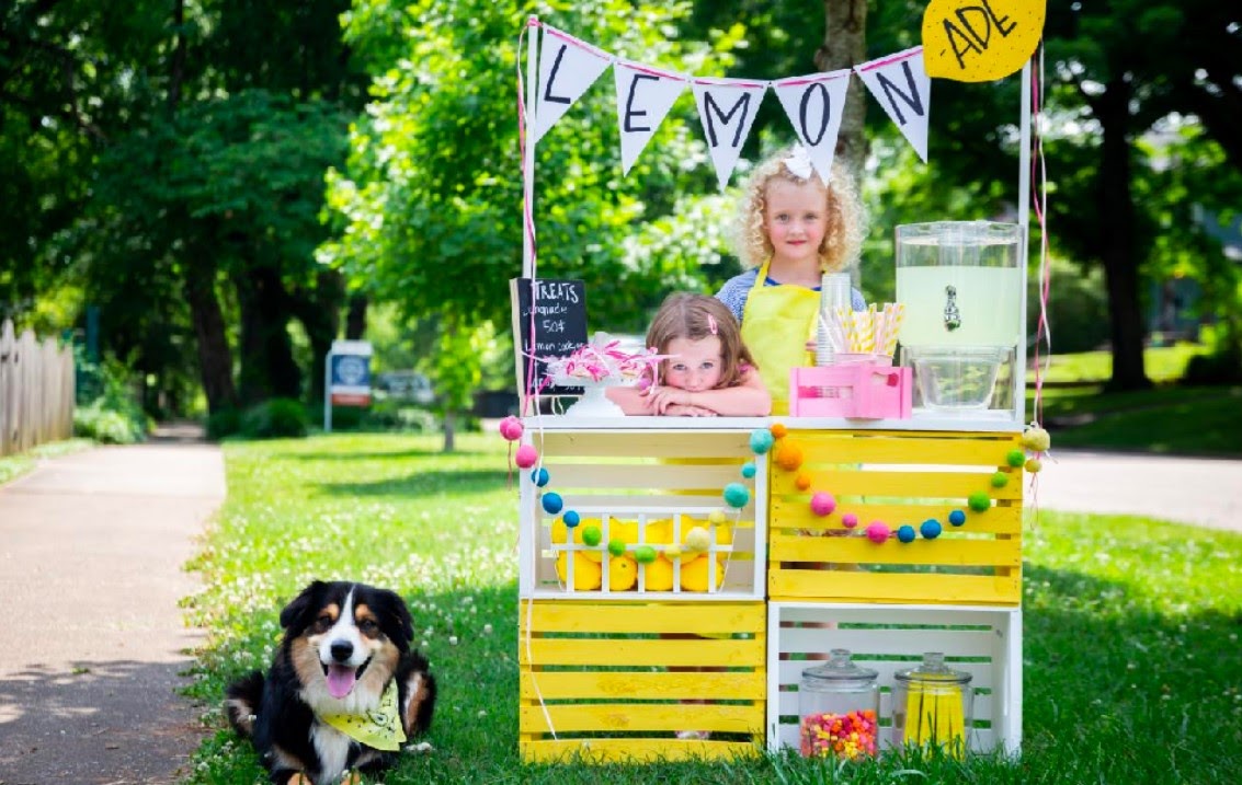 Two sisters with a dog beside them selling lemonade