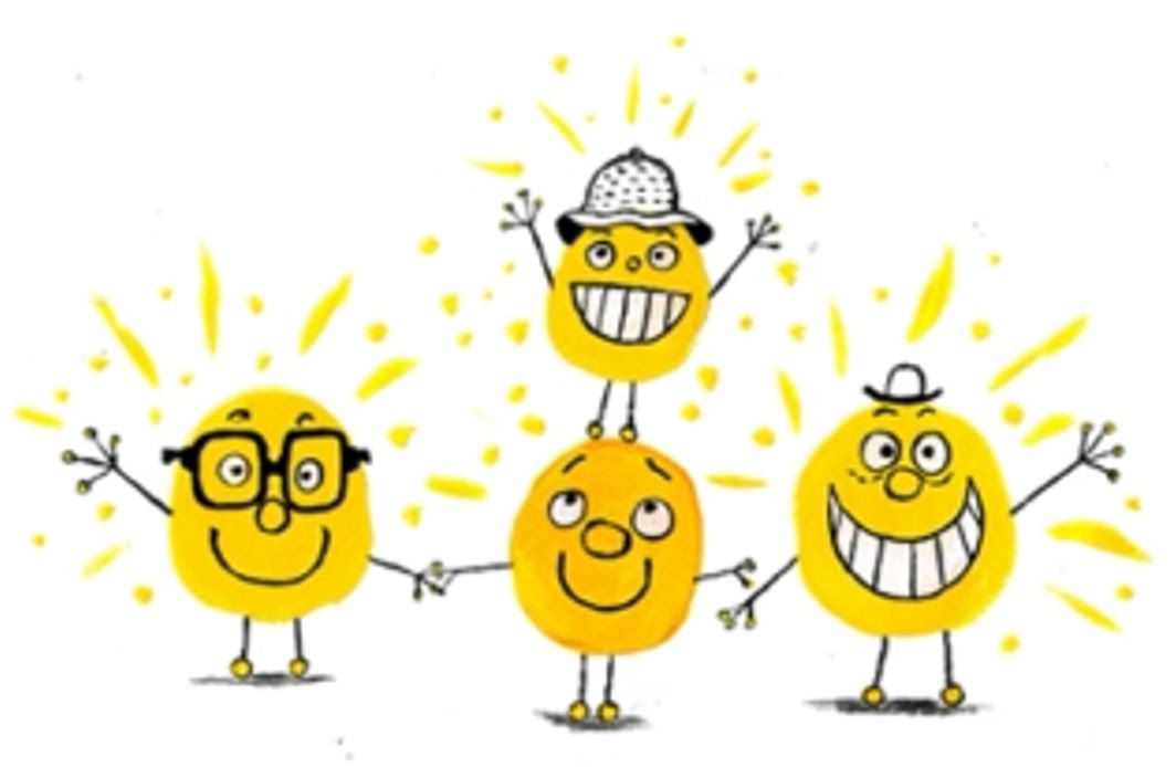 Four yellow circles smiling and doing cheering poses