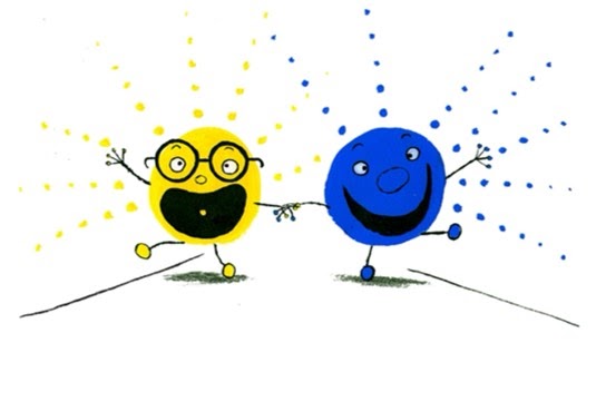 yellow and blue characters happily walking while holding hands; yellow and blue dots around them