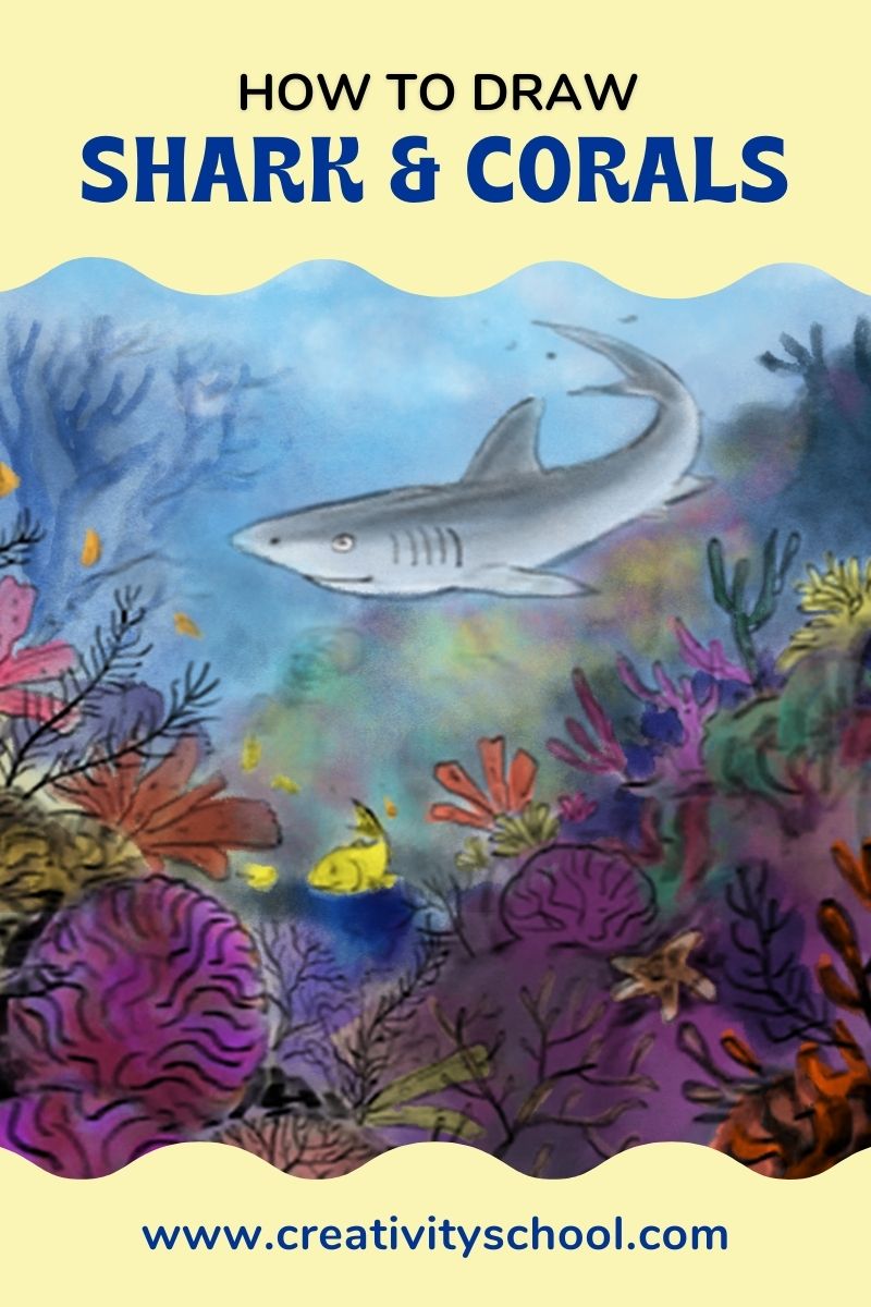 Blog cover of an underwater scenery with corals, fishes, and a shark