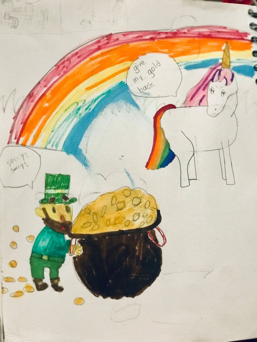 Drawing of a leprechaun pushing a pot of gold at the end of the rainbow with a beautiful unicorn nearby.