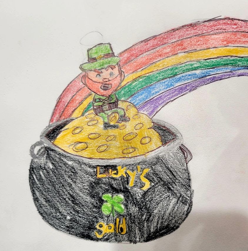 Colored drawing of a leprechaun sitting on a black pot of gold at the end of the rainbow.