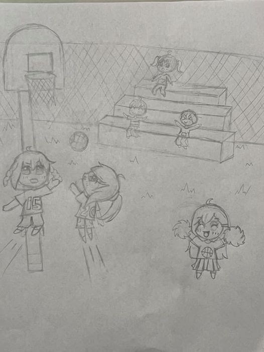 pencil drawing of a basketball game scene