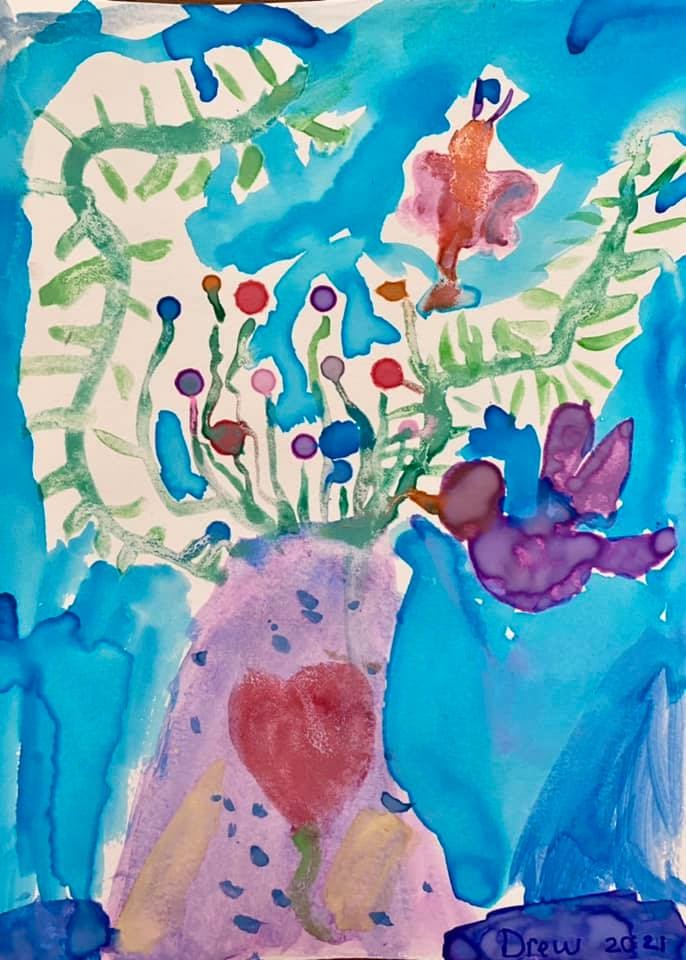 Watercolor painting of small, colorful flowers with long, green leaves with butterfly and a hummingbird around it in a blue background.
