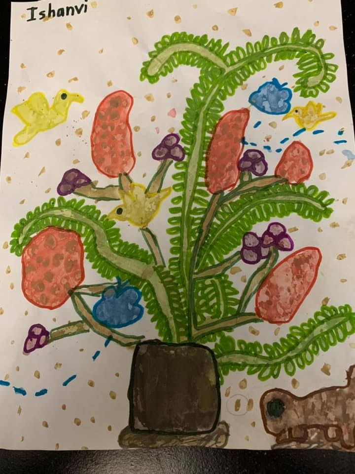 Watercolor painting of a fern-like plant with small purple flowers in a vase with butterflies and hummingbirds around it.