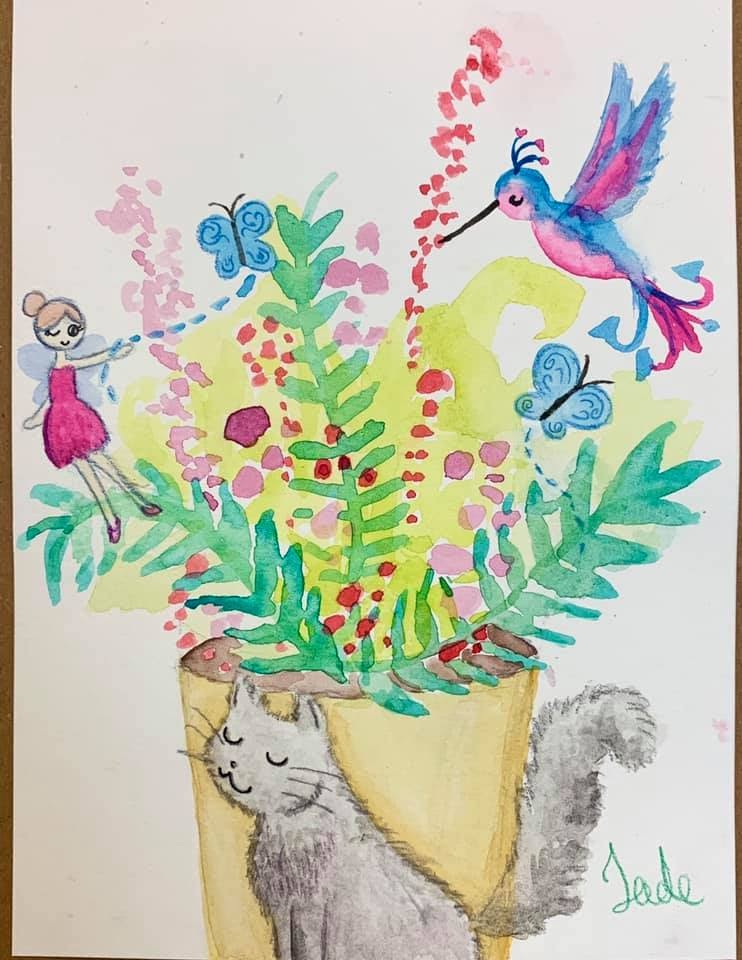 Watercolor painting of a fern in a vase with a cat, fairy, and hummingbird around it.