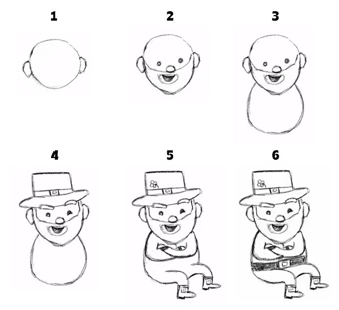 Numbered instruction on how to draw a happy leprechaun in a sitting position.