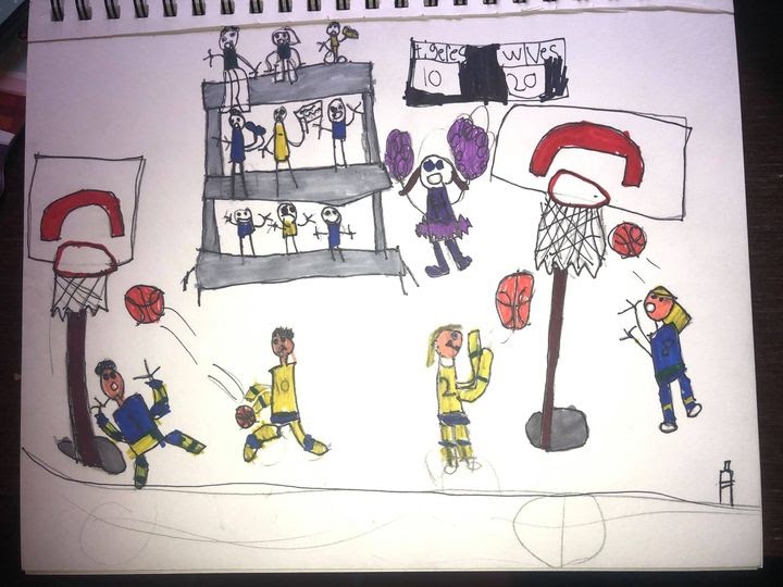 colored drawing of a basketball game scene with two basketball rings