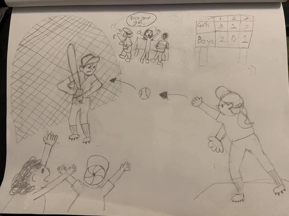 baseball game drawing with pitcher, batter, scoreboard, and fans on each side