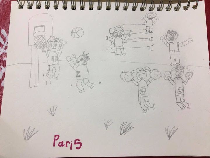 pencil drawing of a basketball scene with a girl and a boy cheerleaders