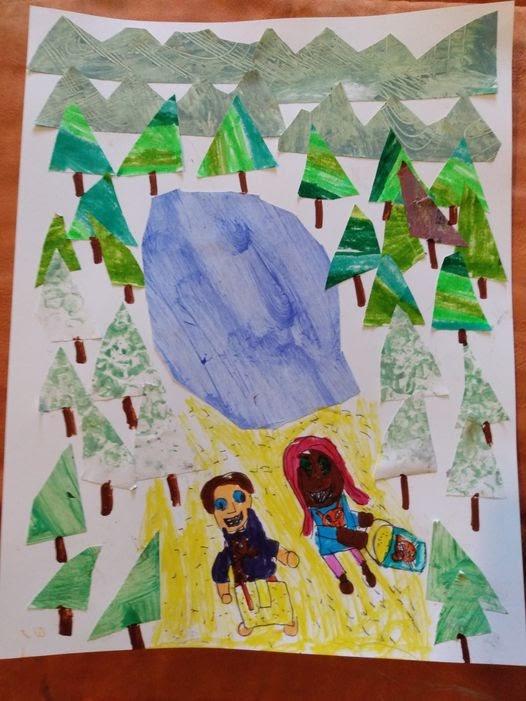 paper collage of forest with lake in the middle and a girl and boy tourist