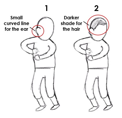 Numbered steps on how to draw the baseball batter's ear and hair