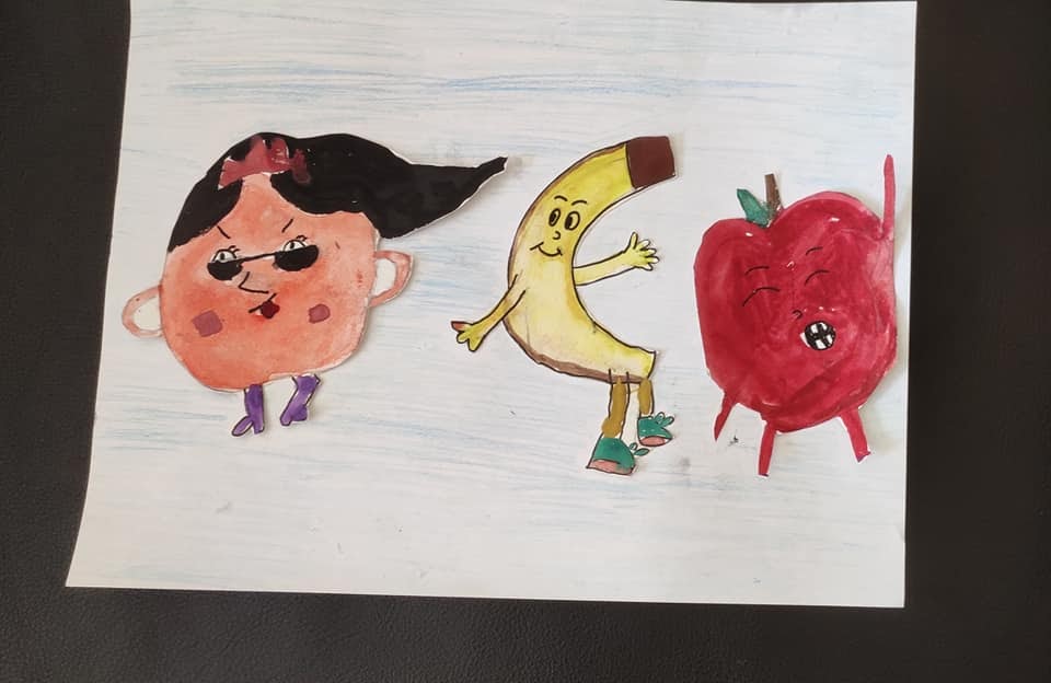 Image of a watercolor painting of an orange, banana, and apple cartoon characters.