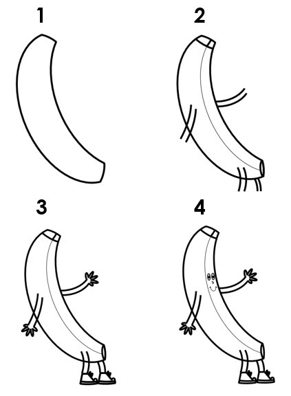 Numbered picture instructions on how to draw a banana cartoon character