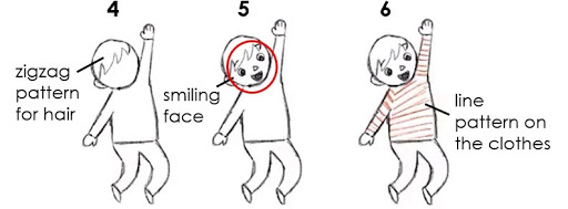 Numbered steps (4-6) with drawings on how to draw a basketball player that jumped to block the ball