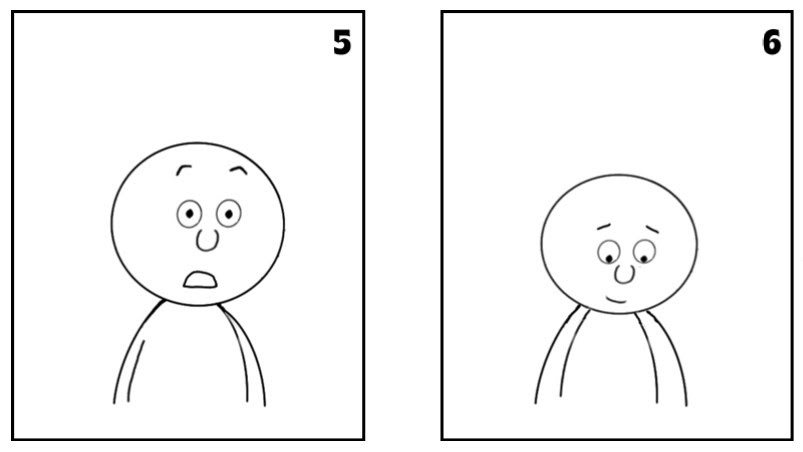 Frames 5 and 6 showing a surprised and happy character