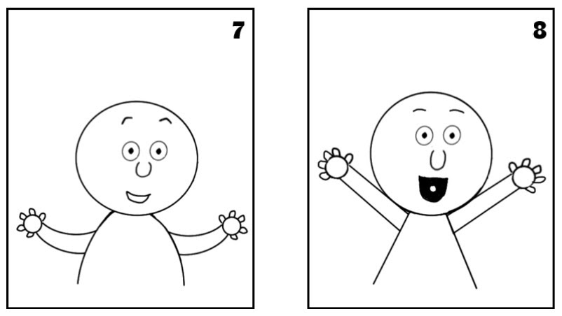 Frames 7and 8 showing a happy and excited character that raised his hands in the air.