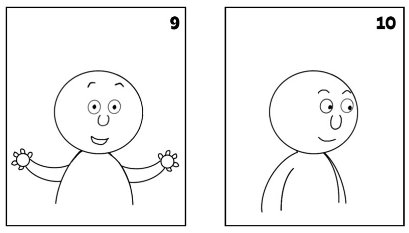 Frames 9 and 10 showing a happy character going back to original position