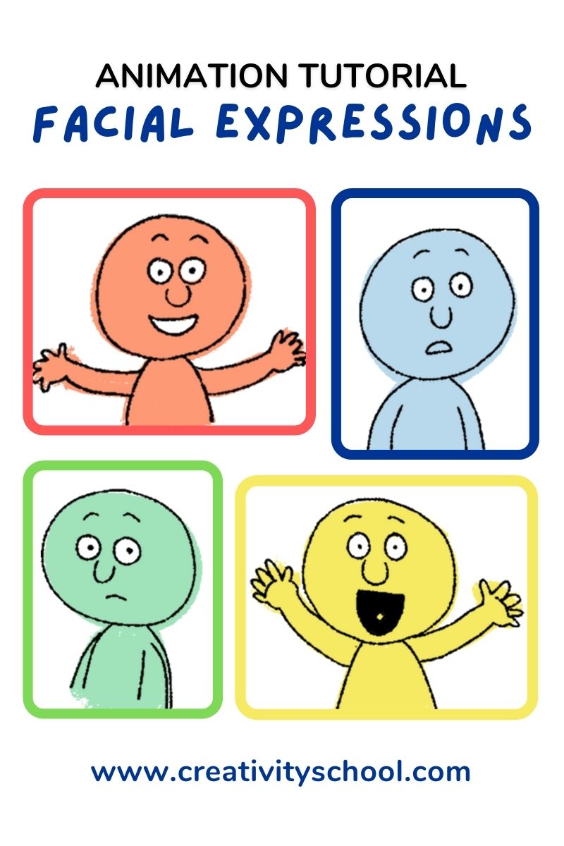 Facial expressions animation tutorial blog cover with four different emotions in colored rectangles.