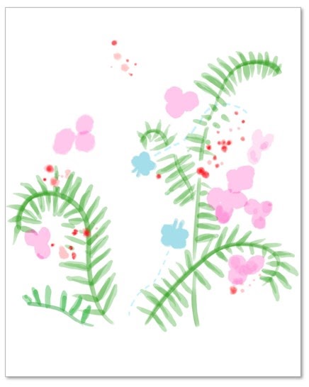 Image showing tiny red dots, pink flower-like petals, two light blue butterflies, and green fern-like leaves scattered in a white background.