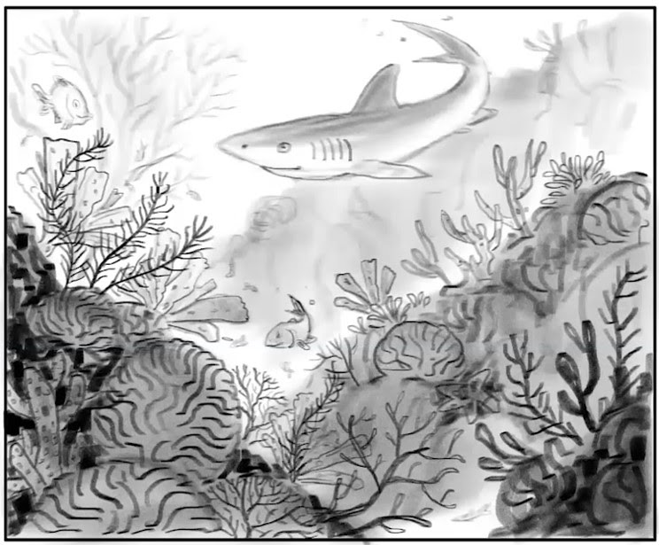 Final drawing of an underwater scene with different corals, aquatic plants, sea anemone, fishes, and a shark