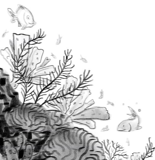 Zoomed view of an underwater scene drawing with corals and fishes