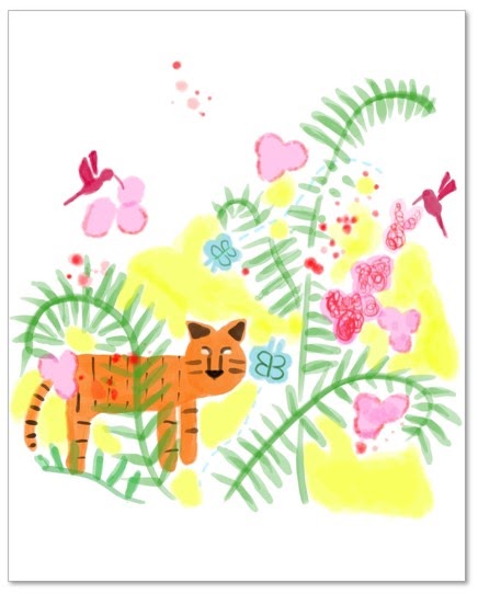 Image showing tiny red dots, pink flower-like petals, two light blue butterflies, green fern-like leaves, two red hummingbirds, and orange tiger in a white and yellow background.