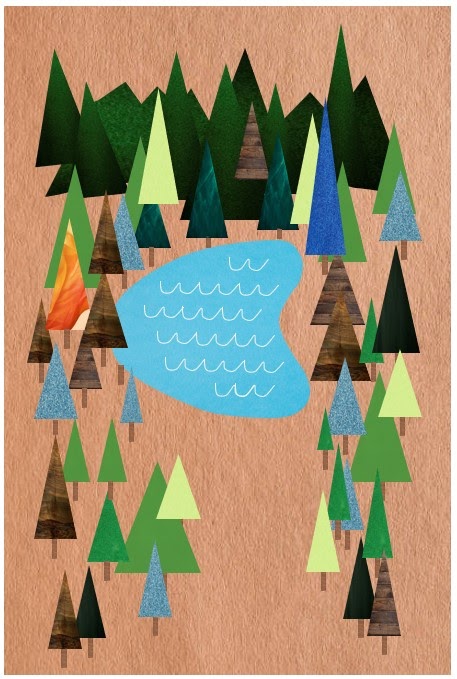 Beautiful forest collage with a green mountain range, trees of varying colors, and a blue lake in the middle