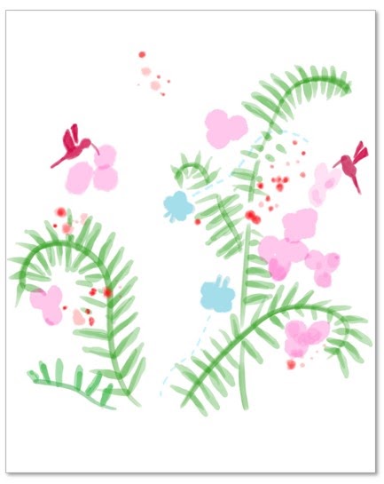 Image showing tiny red dots, pink flower-like petals, two light blue butterflies, green fern-like leaves, and two red hummingbirds in a white background.