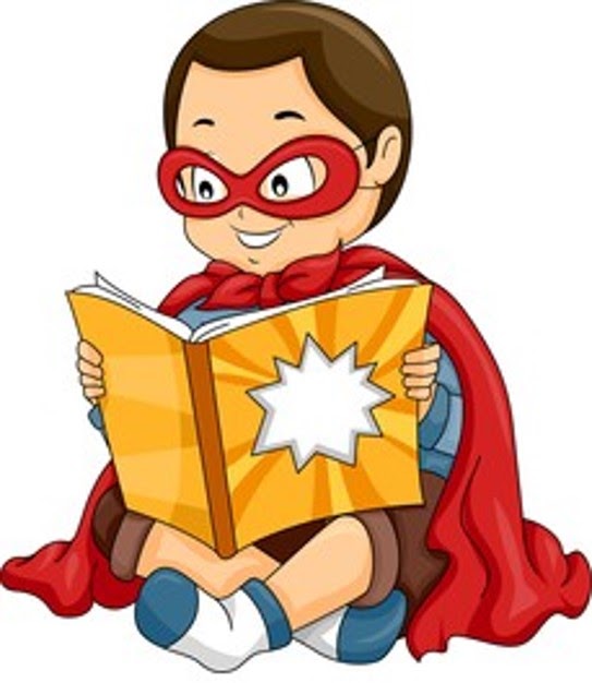 A cartoon kid in superhero costume reading a comic book