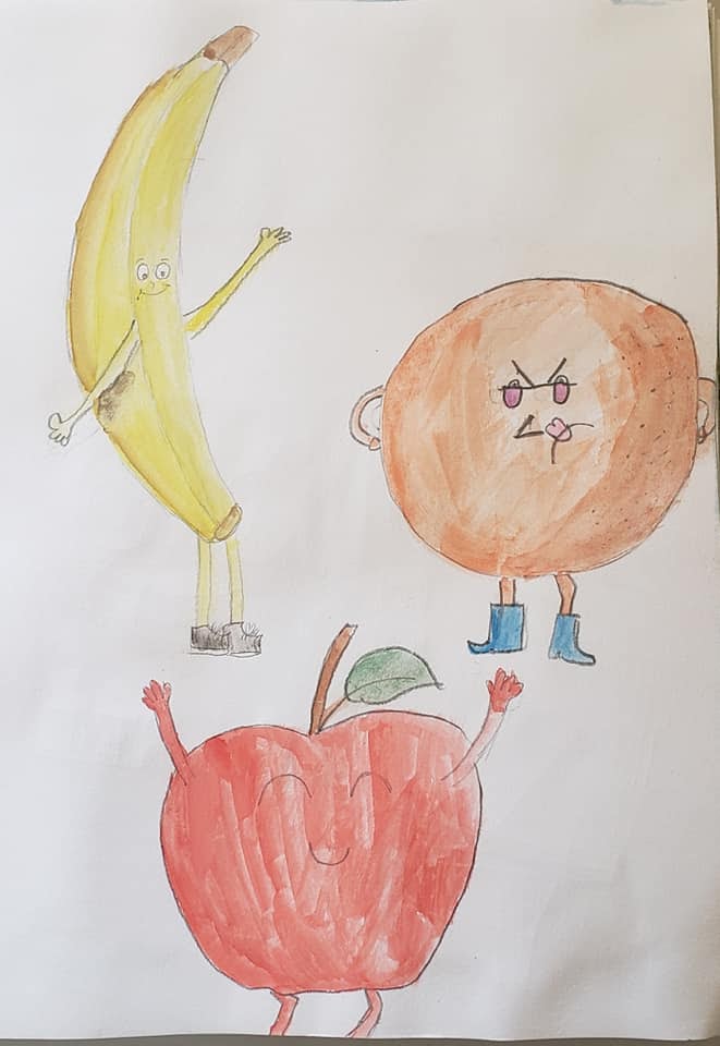 Image of a watercolor painting of a banana orange, and apple cartoon characters.