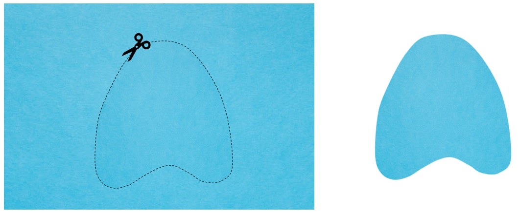 Graphic image of a blue paper with lake outline and scissors