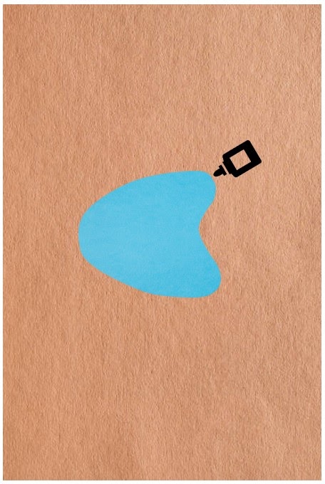 Graphic image of a blue paper cutout glued on a brown paper.