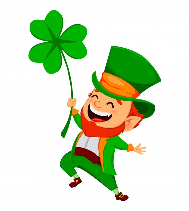 A happy leprechaun holding a clover