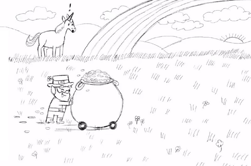 A drawing of a leprechaun pushing a pot of gold at the end of the rainbow with a unicorn nearby