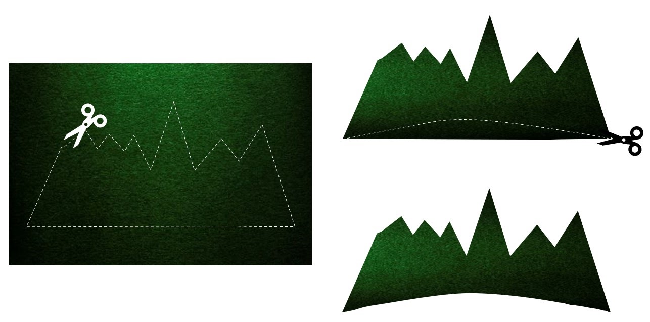 Graphic image of a green paper with mountain outline and cutouts.