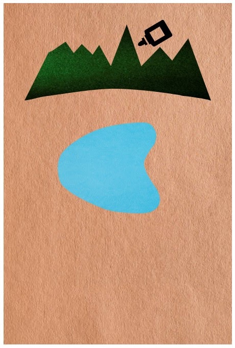 Graphic image of a blue and green paper cutout glued on a brown paper.