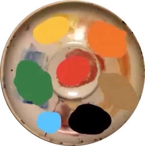 Image of a palette with yellow, orange, brown, red, green, blue, and black watercolor paints.