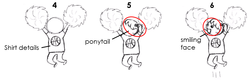 Numbered steps (4-6) with drawings on how to draw a basketball player shooting