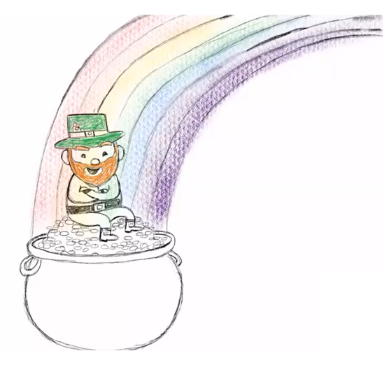 Colored drawing of a leprechaun sitting on a pile of gold at the end of the rainbow.