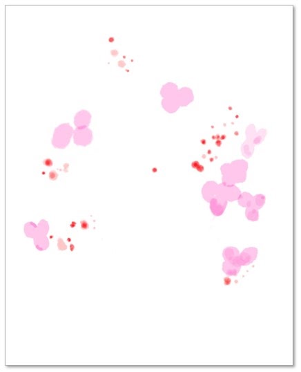 Image showing tiny red dots and pink flower-like petals scattered in a white background.