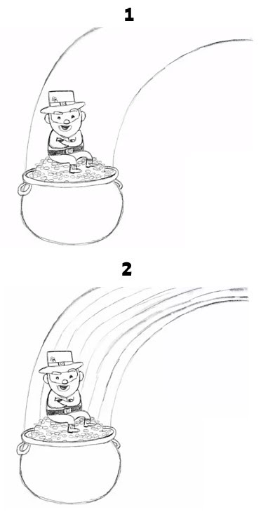 Numbered instruction on how to draw a rainbow behind the leprechaun sitting on a pile of gold.