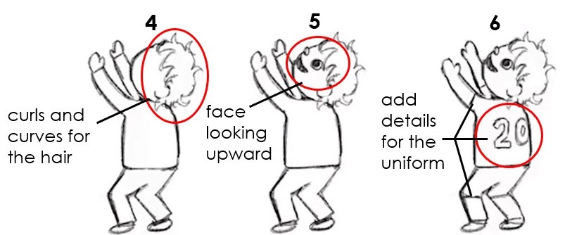 Numbered steps (4-6) with drawings on how to draw a basketball player shooting