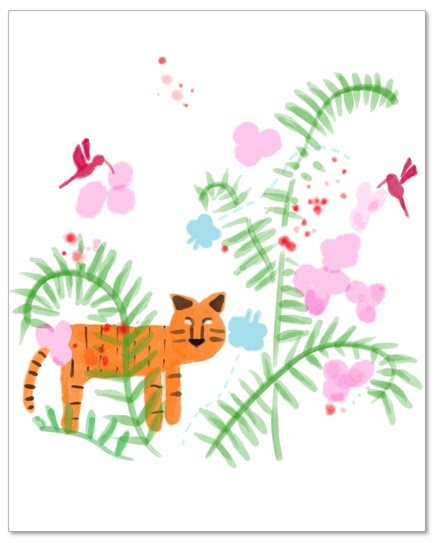 Image showing tiny red dots, pink flower-like petals, two light blue butterflies, green fern-like leaves, two red hummingbirds, and orange tiger in a white background.